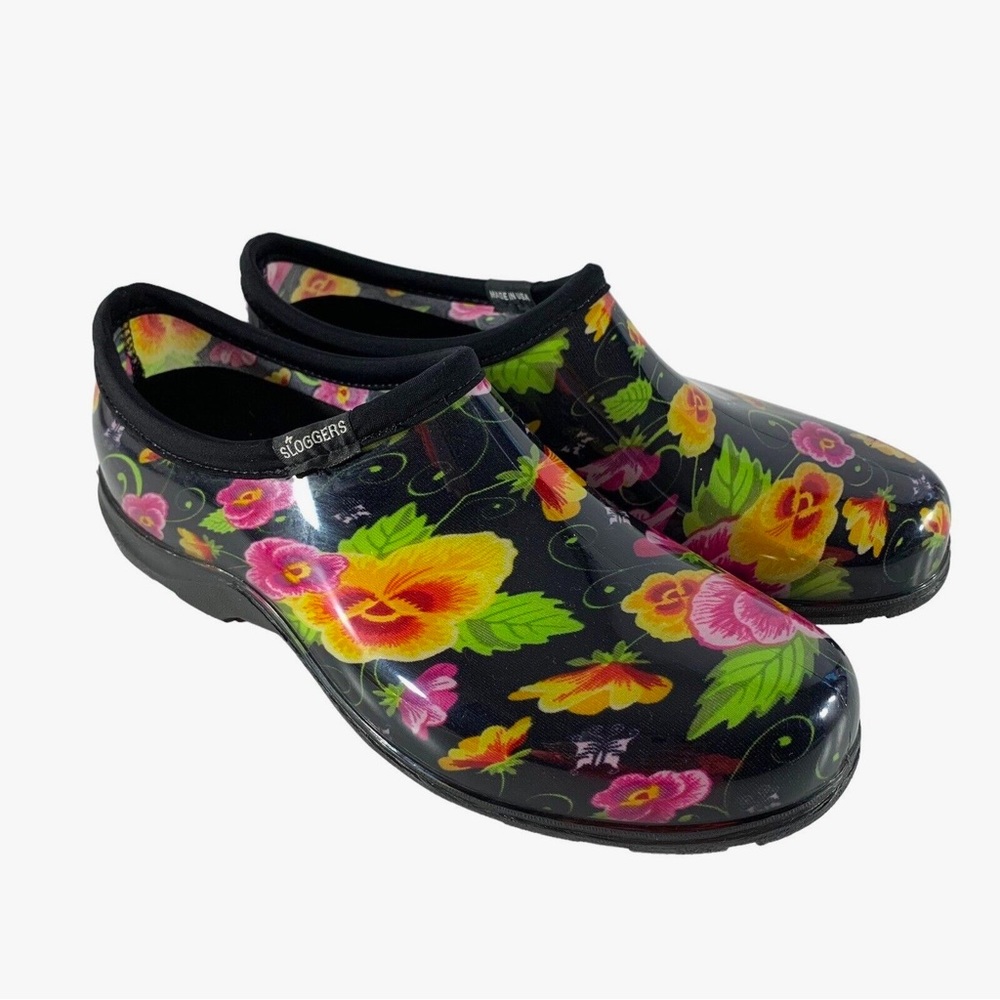 Sloggers Waterproof Sz 10 Yellow Pink Flowers Slip On Gardening Rain Shoes